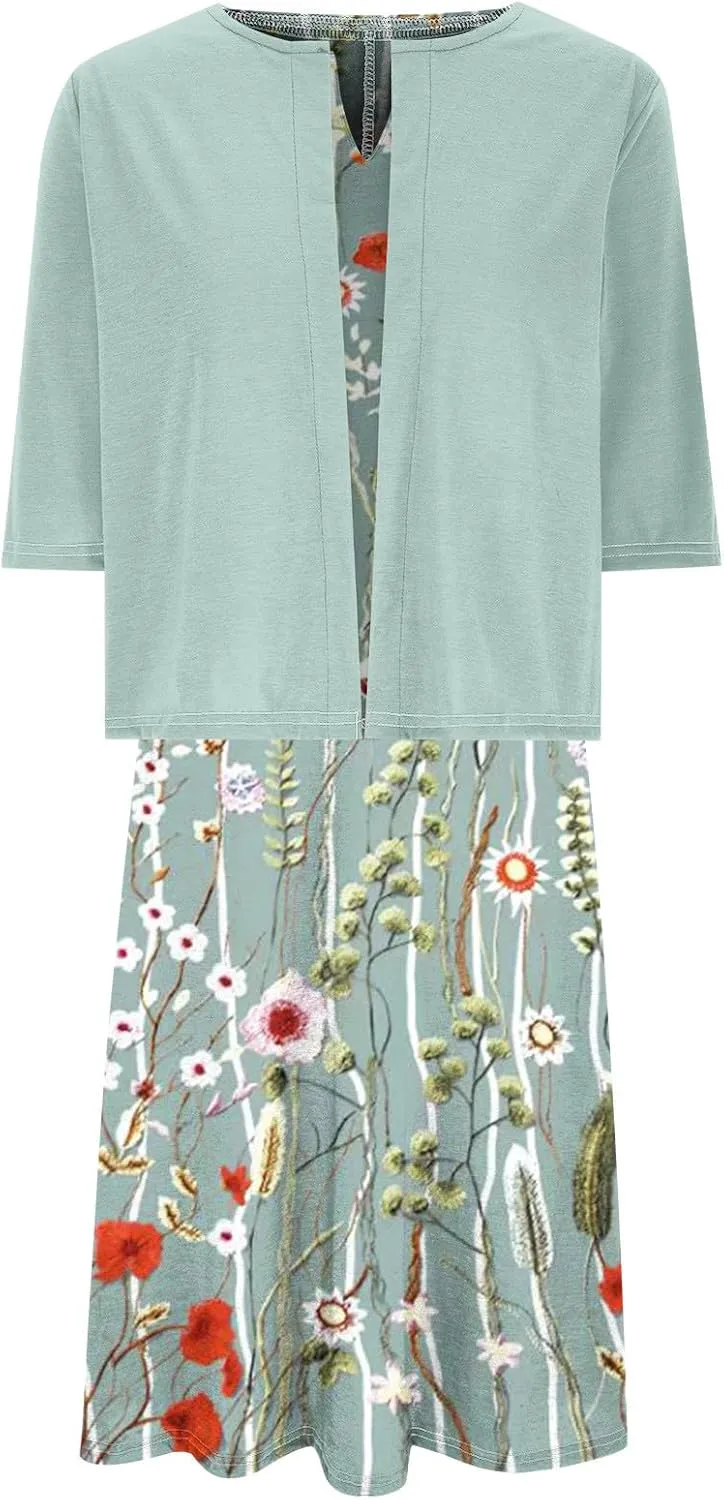 2 Piece Dress Sets for Women Floral Sleeveless Loose Maxi Summer Dresses with Cardigan Beach Wedding Guest Dress