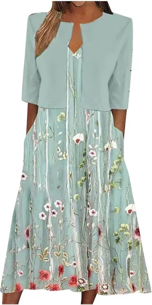 2 Piece Dress Sets for Women Floral Sleeveless Loose Maxi Summer Dresses with Cardigan Beach Wedding Guest Dress