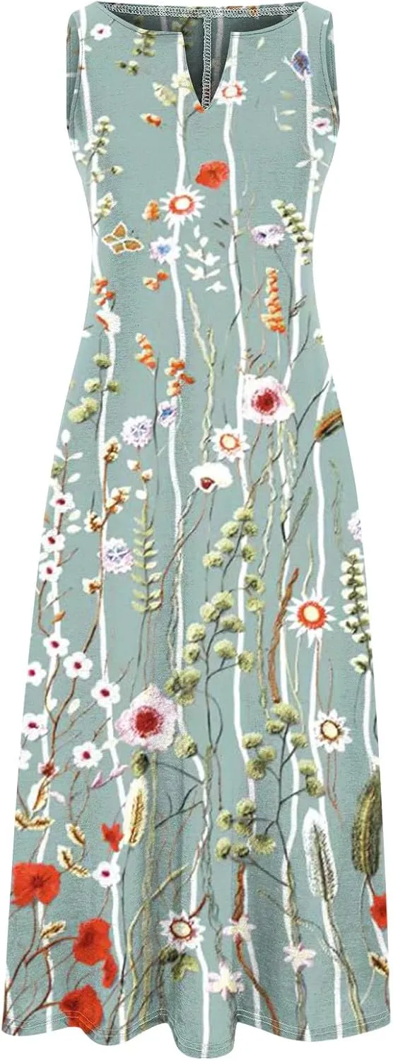 2 Piece Dress Sets for Women Floral Sleeveless Loose Maxi Summer Dresses with Cardigan Beach Wedding Guest Dress