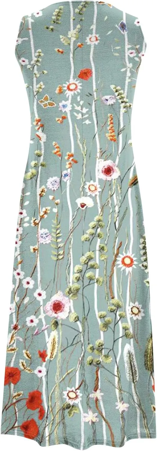 2 Piece Dress Sets for Women Floral Sleeveless Loose Maxi Summer Dresses with Cardigan Beach Wedding Guest Dress