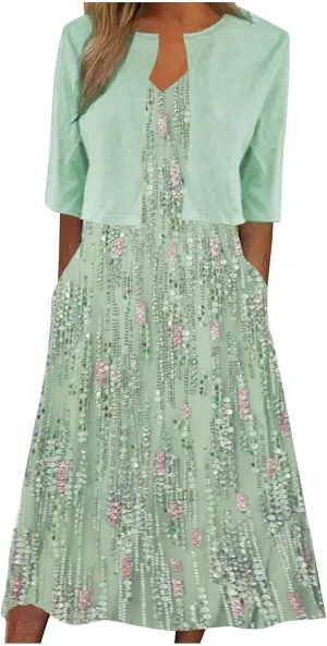 2 Piece Dress Sets for Women Floral Sleeveless Loose Maxi Summer Dresses with Cardigan Beach Wedding Guest Dress