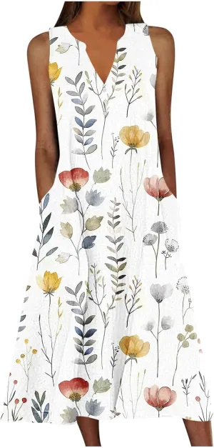 2025 Women Casual V Neck Dress Summer Printed Button Sleeveless Dresses Beach Holiday Party Midi Dress with Pockets