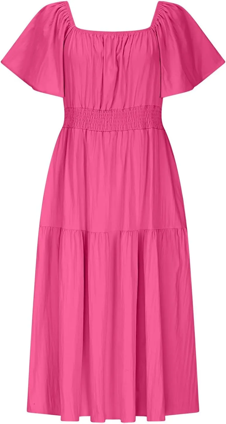 2025 Women's Summer Casual Loose Midi Dress Flutter Short Sleeve Square Neck Smocked Tiered Ruffle Flowy Dresses