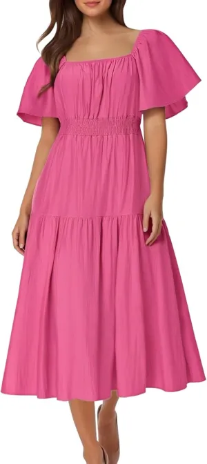 2025 Women's Summer Casual Loose Midi Dress Flutter Short Sleeve Square Neck Smocked Tiered Ruffle Flowy Dresses