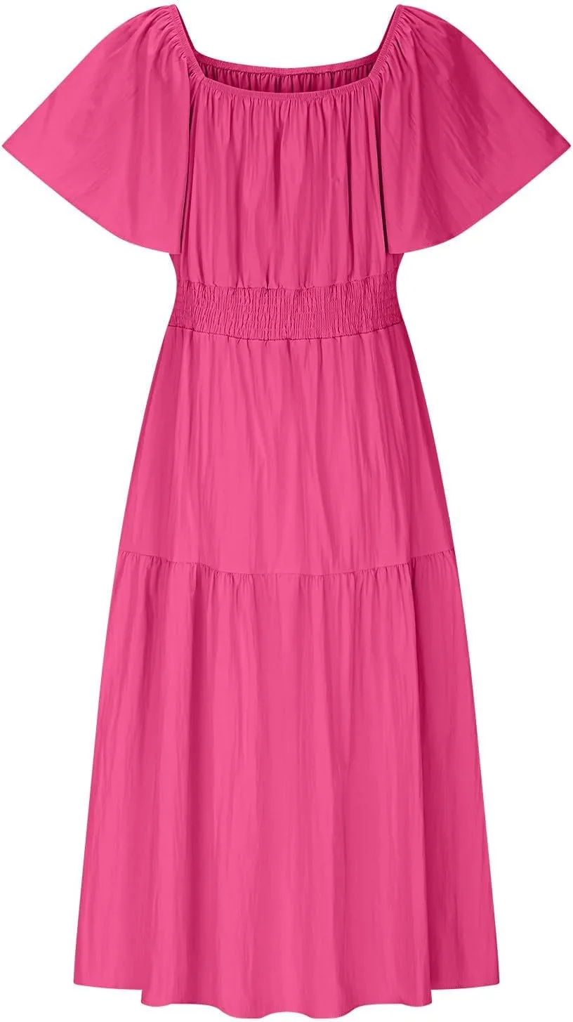 2025 Women's Summer Casual Loose Midi Dress Flutter Short Sleeve Square Neck Smocked Tiered Ruffle Flowy Dresses