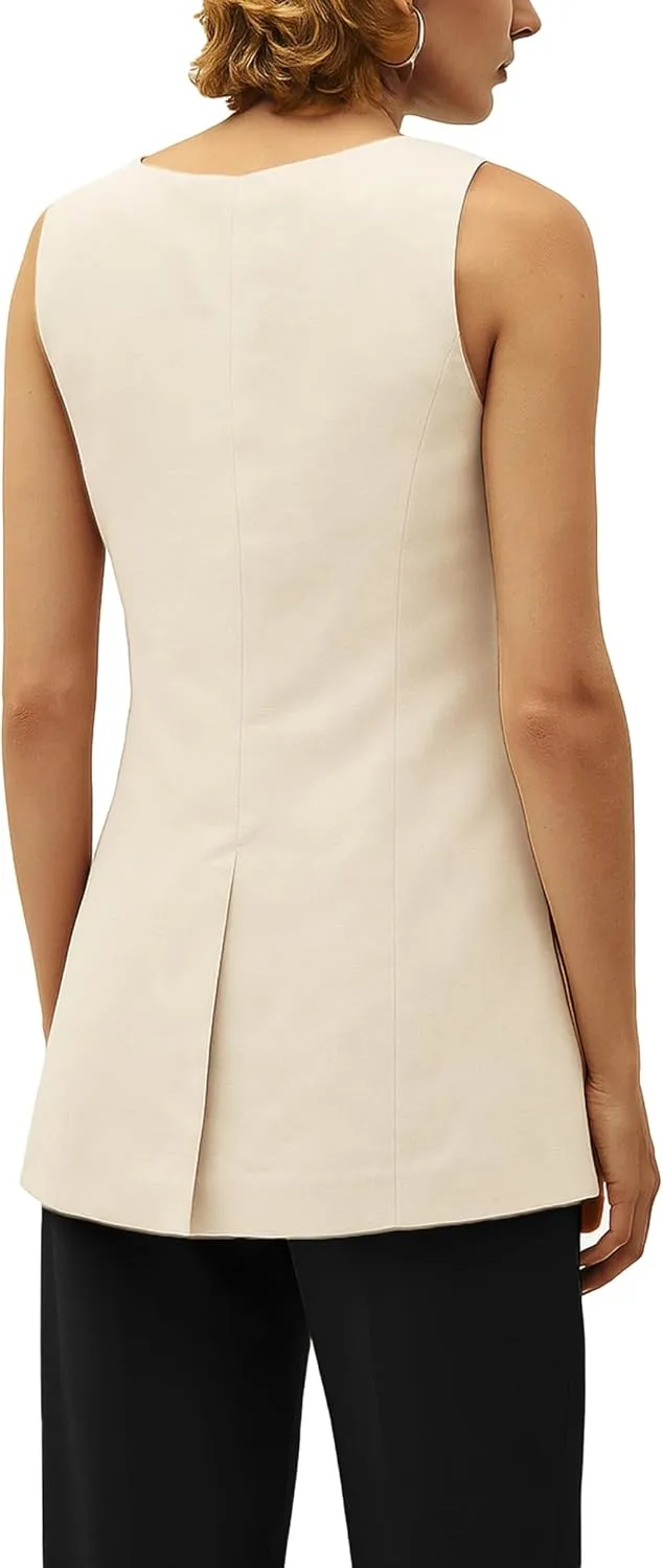 2025 Women's Summer Linen Vest Blazer Long Y2K Lightweight Fully-Lined V-Neck Fashion Casual Jackets Tops Pockets
