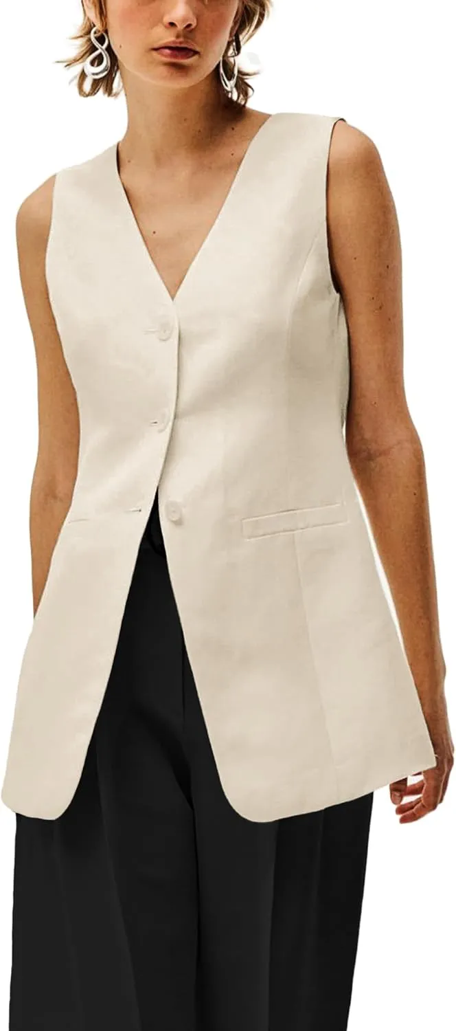 2025 Women's Summer Linen Vest Blazer Long Y2K Lightweight Fully-Lined V-Neck Fashion Casual Jackets Tops Pockets