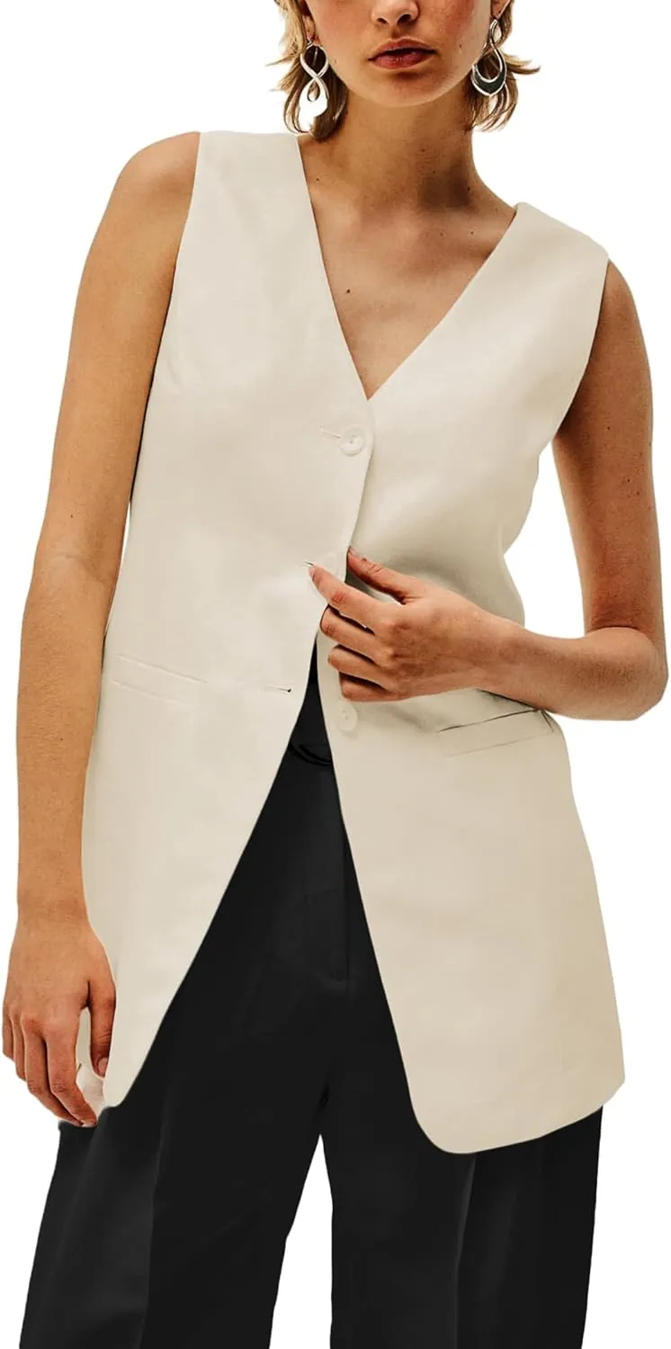 2025 Women's Summer Linen Vest Blazer Long Y2K Lightweight Fully-Lined V-Neck Fashion Casual Jackets Tops Pockets