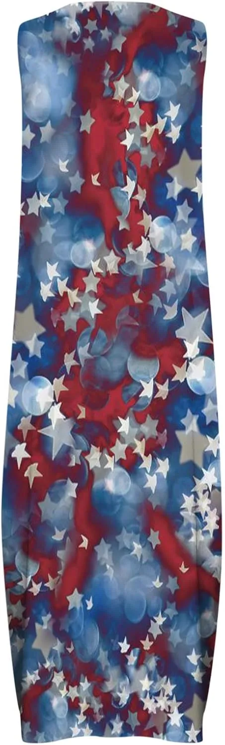 4th of July Maxi Long Dresses for Women 2023 Casual Summer Sleeveless Flowy Tank Sundress Star Stripes Patriotic Dress