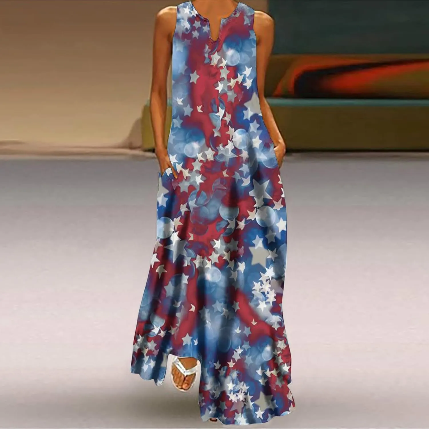 4th of July Maxi Long Dresses for Women 2023 Casual Summer Sleeveless Flowy Tank Sundress Star Stripes Patriotic Dress