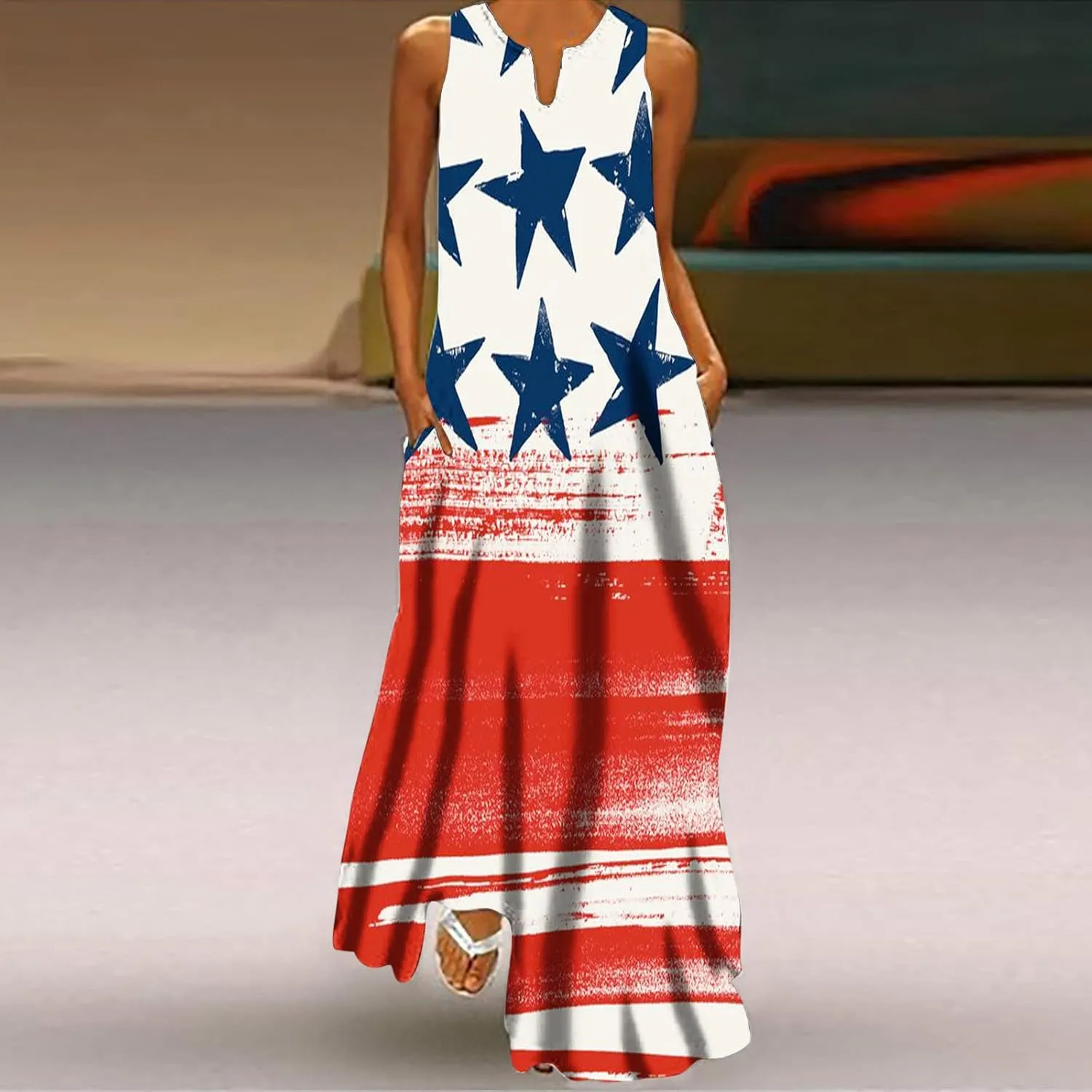 4th of July Maxi Long Dresses for Women 2023 Casual Summer Sleeveless Flowy Tank Sundress Star Stripes Patriotic Dress