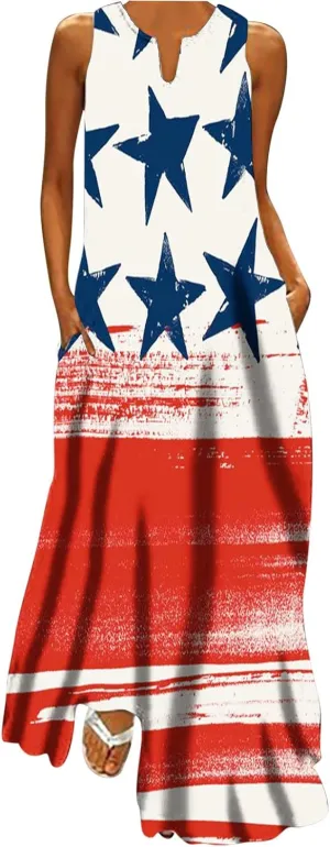 4th of July Maxi Long Dresses for Women 2023 Casual Summer Sleeveless Flowy Tank Sundress Star Stripes Patriotic Dress