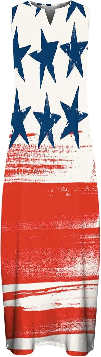 4th of July Maxi Long Dresses for Women 2023 Casual Summer Sleeveless Flowy Tank Sundress Star Stripes Patriotic Dress