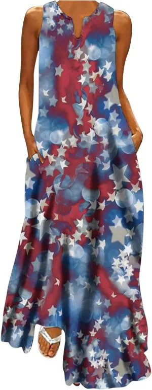 4th of July Maxi Long Dresses for Women 2023 Casual Summer Sleeveless Flowy Tank Sundress Star Stripes Patriotic Dress