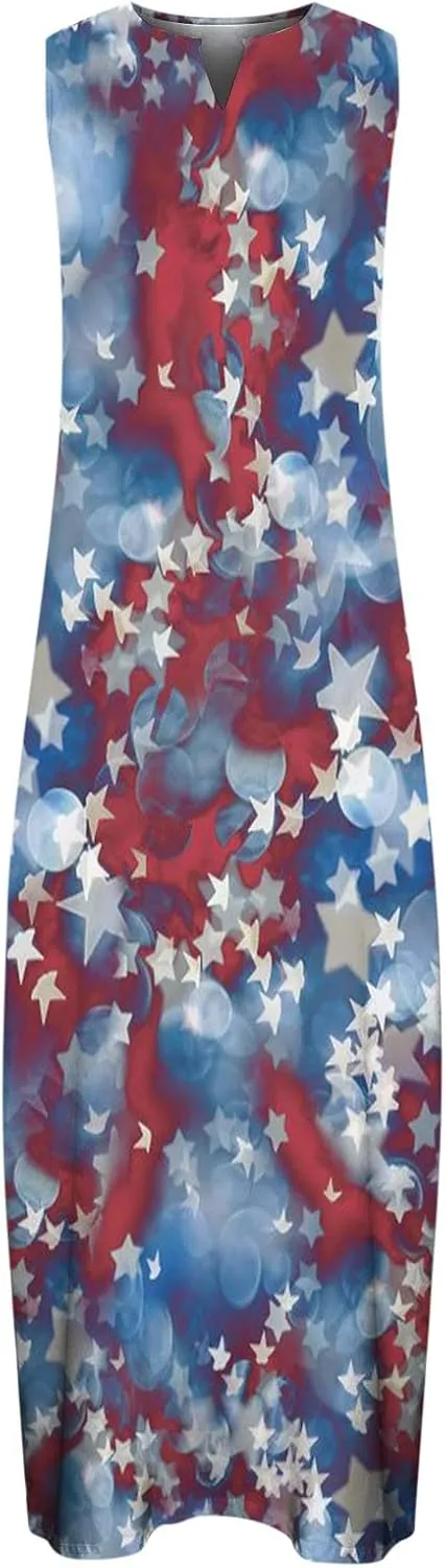 4th of July Maxi Long Dresses for Women 2023 Casual Summer Sleeveless Flowy Tank Sundress Star Stripes Patriotic Dress