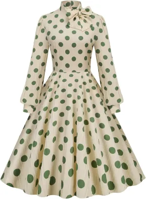 50s Style Dresses for Women Vintage 2024 Long Sleeve Polka Dot Swing Rockabilly Midi Dresses Garden Party Dress