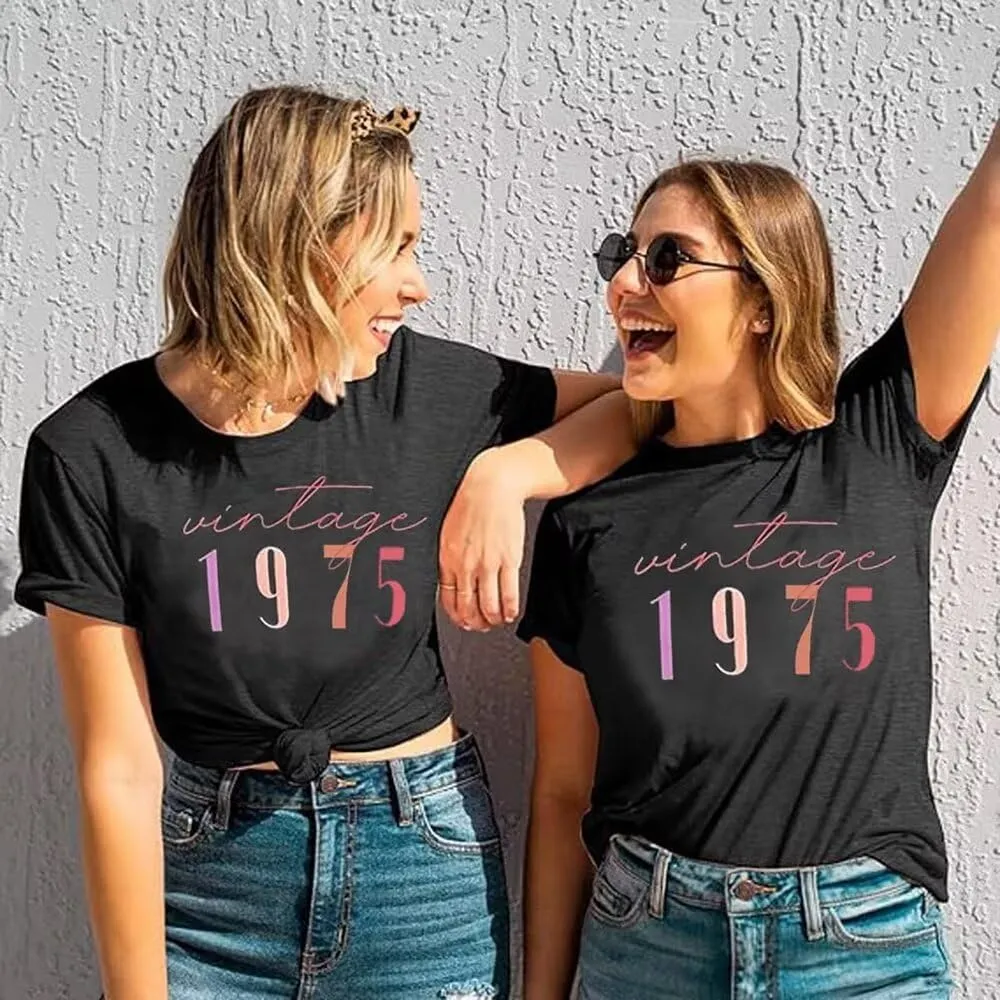 50th Birthday Gift Shirts Vintage 1975 Original Parts Tshirt for Women Letter Print Retro Birthday Casual Tee Tops