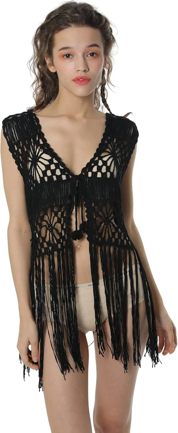 Acemi Sleeveless Crochet Long Tassels Fringe Vest 70s Cover up Hippie Clothes for Women Free Size