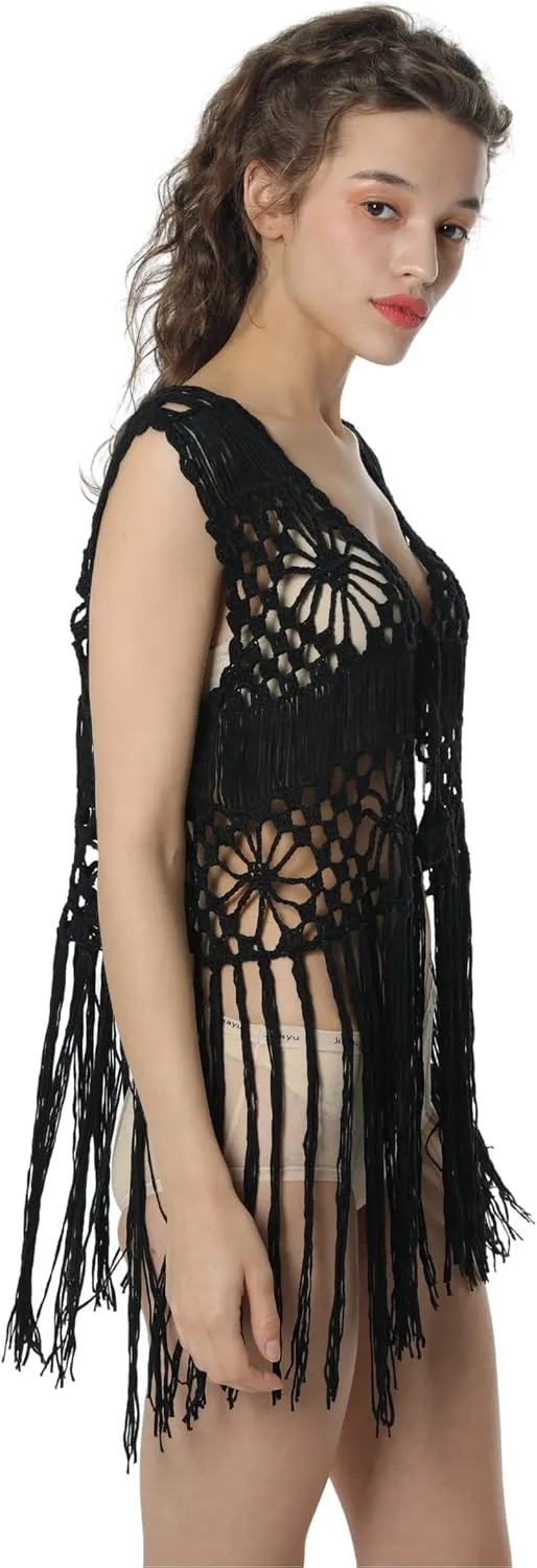 Acemi Sleeveless Crochet Long Tassels Fringe Vest 70s Cover up Hippie Clothes for Women Free Size