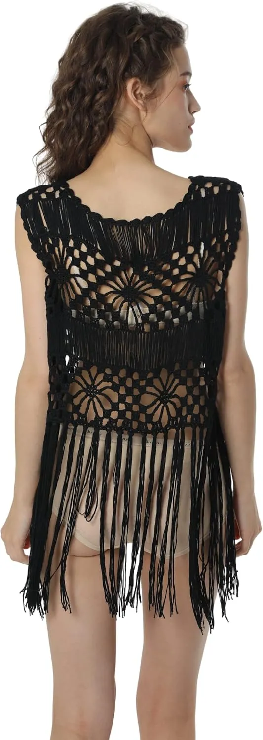 Acemi Sleeveless Crochet Long Tassels Fringe Vest 70s Cover up Hippie Clothes for Women Free Size