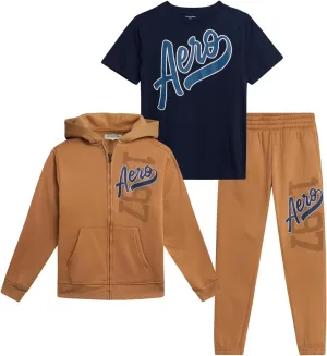 AEROPOSTALE Boys' Joggers Set - 3 Piece Fleece Zip Up Hoodie, Jogger Pants, and Graphic T-Shirt - Boys Activewear Set (8-12)