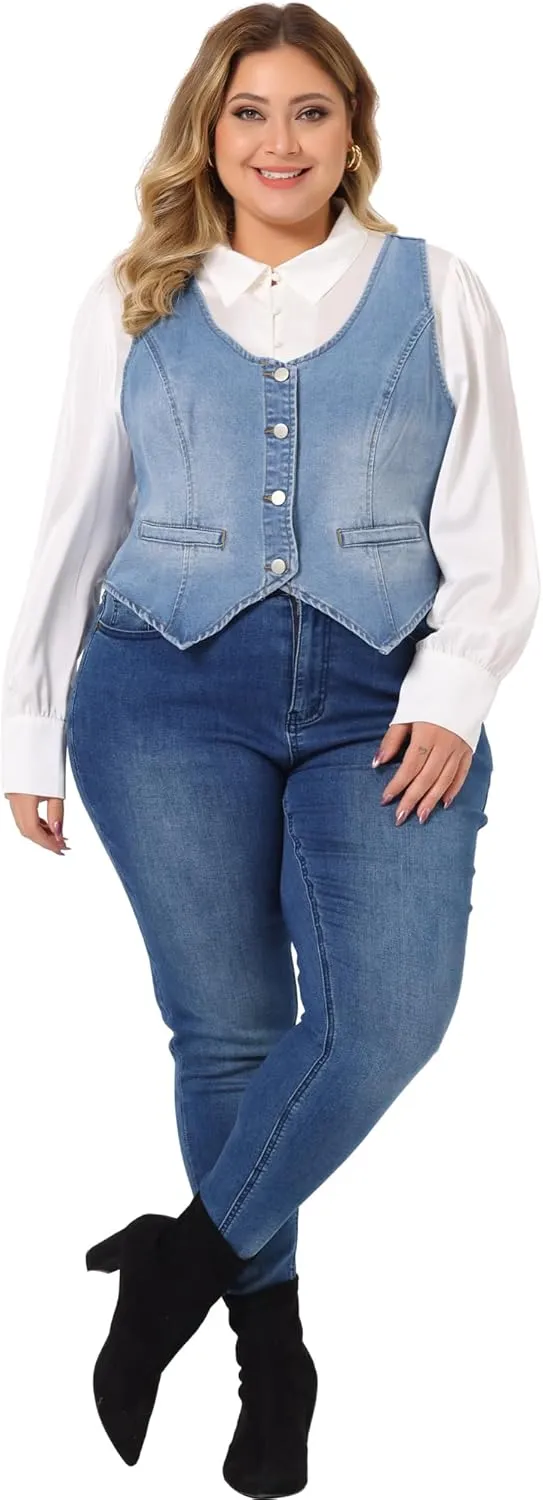 Agnes Orinda Plus Size Denim Vest Top for Women Button Down Waistcoat Casual Sleeveless Jean Jacket Vests