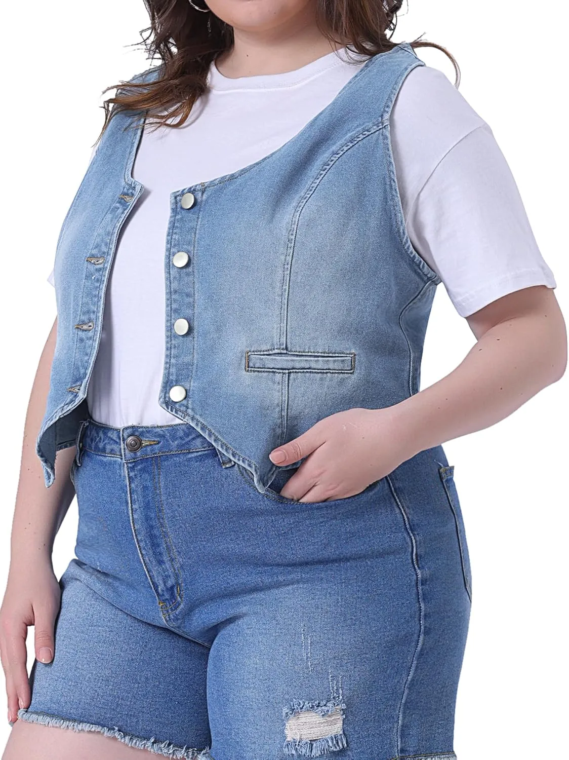 Agnes Orinda Plus Size Denim Vest Top for Women Button Down Waistcoat Casual Sleeveless Jean Jacket Vests