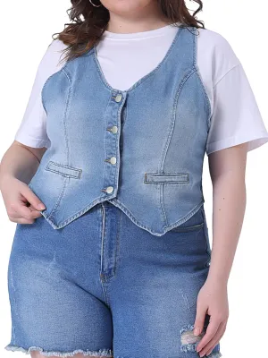 Agnes Orinda Plus Size Denim Vest Top for Women Button Down Waistcoat Casual Sleeveless Jean Jacket Vests