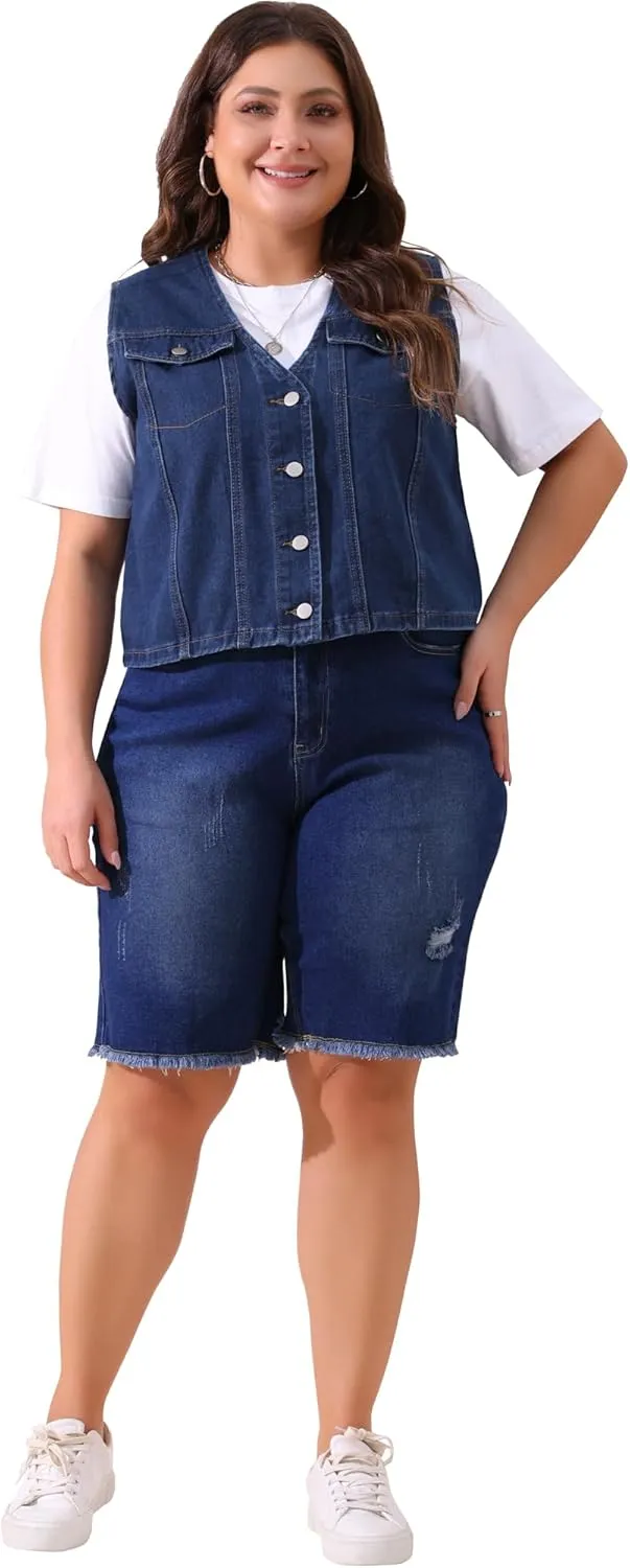 Agnes Orinda Women's Plus Size Denim Vest Sleeveless V Neck Button Down Casual Jean Waistcoat Jackets