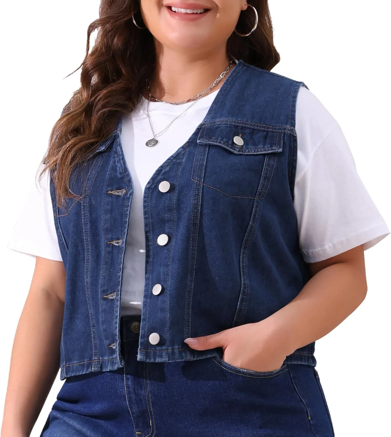 Agnes Orinda Women's Plus Size Denim Vest Sleeveless V Neck Button Down Casual Jean Waistcoat Jackets
