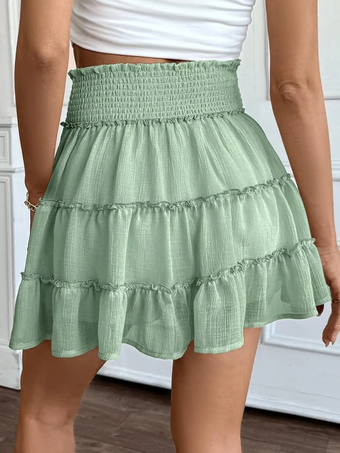 Ahtyeo Flowy Shorts for Women Boho Ruffle Tiered Skorts High Waist Mini Skirts Golf Tennis Casual Shorts