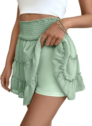 Ahtyeo Flowy Shorts for Women Boho Ruffle Tiered Skorts High Waist Mini Skirts Golf Tennis Casual Shorts