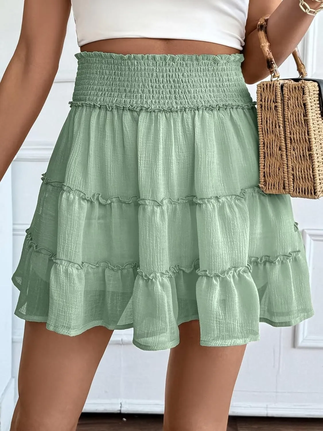 Ahtyeo Flowy Shorts for Women Boho Ruffle Tiered Skorts High Waist Mini Skirts Golf Tennis Casual Shorts