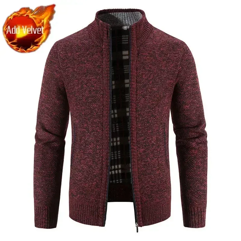 Aidase Knit Sweater Male Zipper Plaid Men's Clothing Cardigan Hoodies Zip-up Thick Winter Red Tops Jumpers Casual Stylish Hot