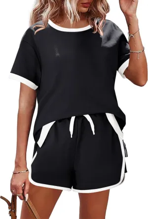 AKEWEI Shorts Sets Women 2 Piece Outfits Casual Short Sleeve Crewneck Tops and Drawstring Shorts Color Block Sets