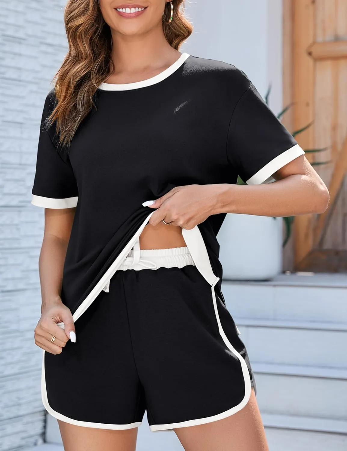 AKEWEI Shorts Sets Women 2 Piece Outfits Casual Short Sleeve Crewneck Tops and Drawstring Shorts Color Block Sets
