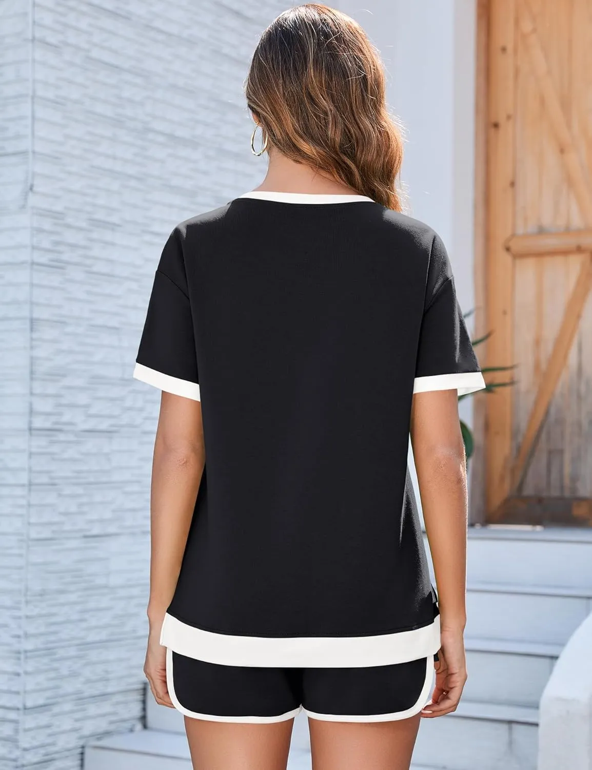 AKEWEI Shorts Sets Women 2 Piece Outfits Casual Short Sleeve Crewneck Tops and Drawstring Shorts Color Block Sets