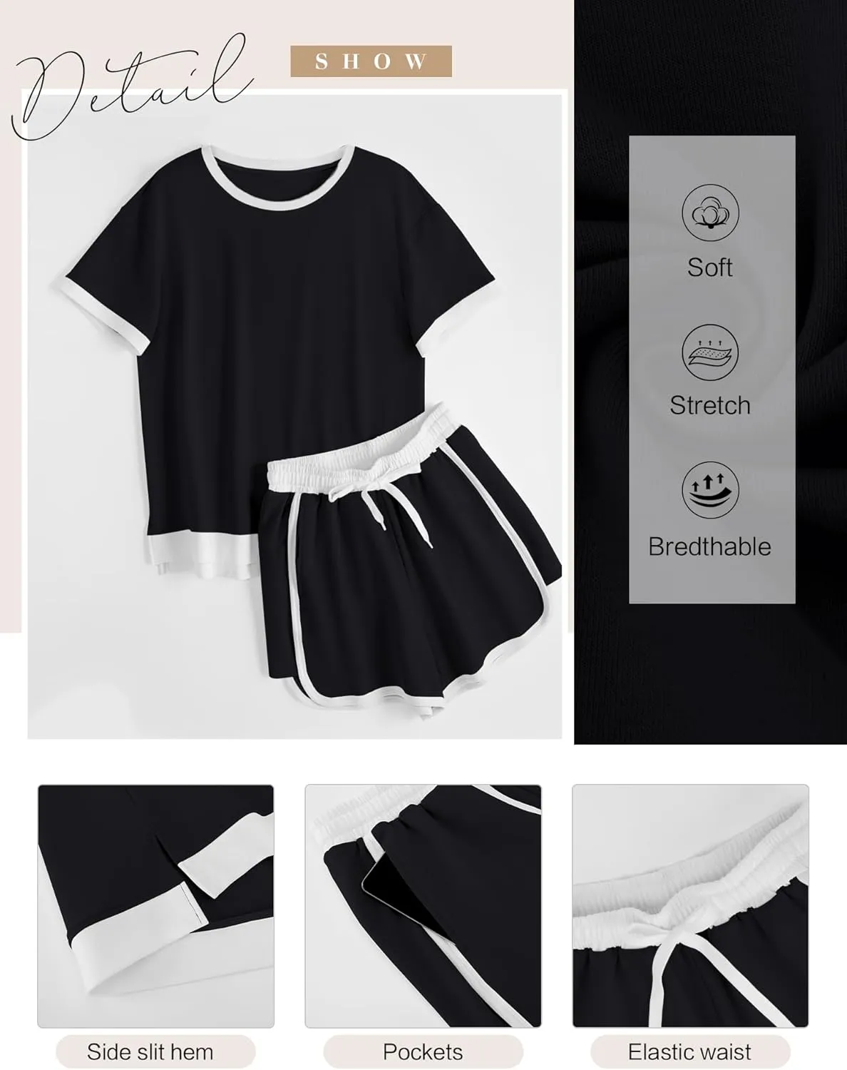 AKEWEI Shorts Sets Women 2 Piece Outfits Casual Short Sleeve Crewneck Tops and Drawstring Shorts Color Block Sets