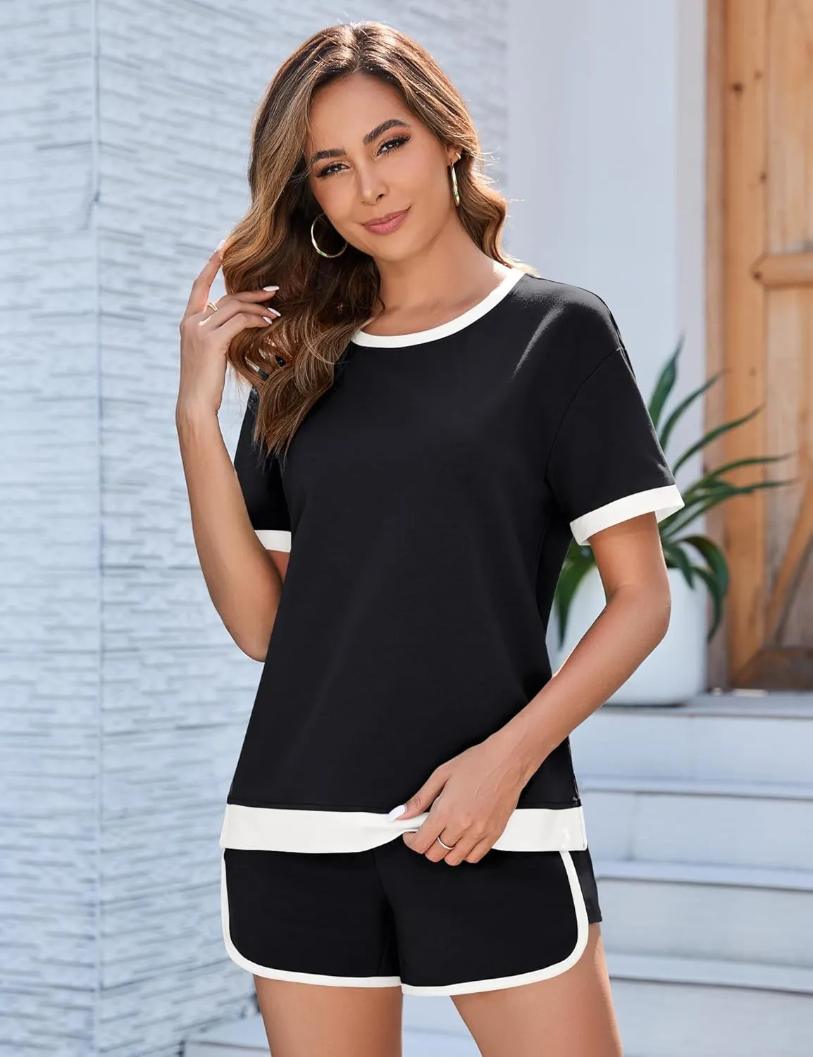 AKEWEI Shorts Sets Women 2 Piece Outfits Casual Short Sleeve Crewneck Tops and Drawstring Shorts Color Block Sets