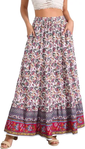 Allegra K Boho Skirt for Women's Flare Bohemian Floral Elastic Waist Flowy A-Line Vintage Casual Maxi Skirt