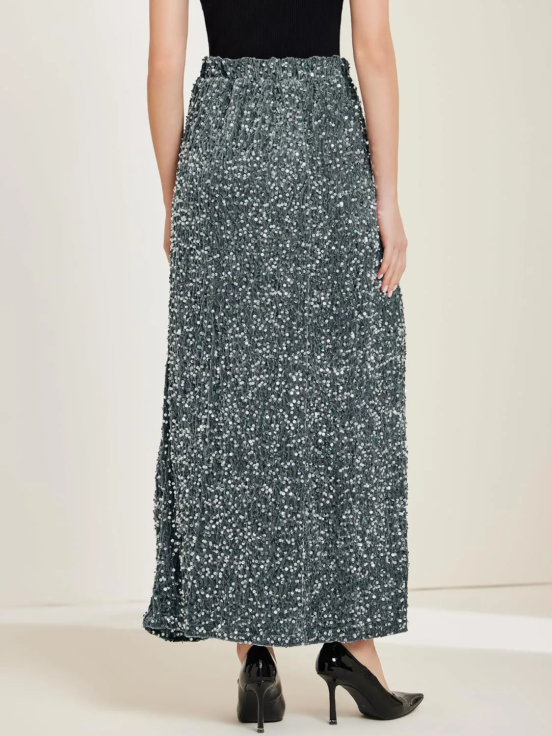 Allegra K Sequin Velvet Skirt for Women's Elastic Waist Sparkle Party Maxi Skirt