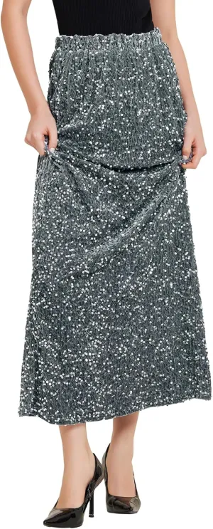 Allegra K Sequin Velvet Skirt for Women's Elastic Waist Sparkle Party Maxi Skirt