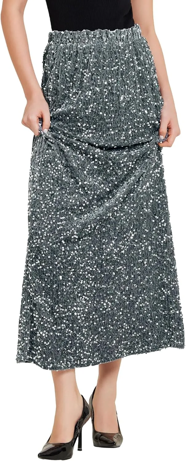Allegra K Sequin Velvet Skirt for Women's Elastic Waist Sparkle Party Maxi Skirt
