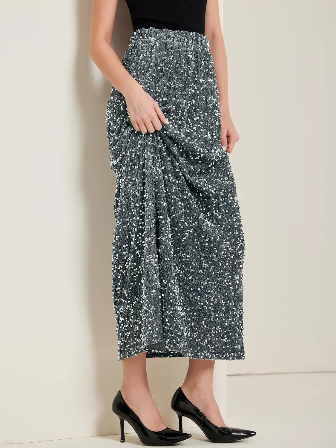 Allegra K Sequin Velvet Skirt for Women's Elastic Waist Sparkle Party Maxi Skirt