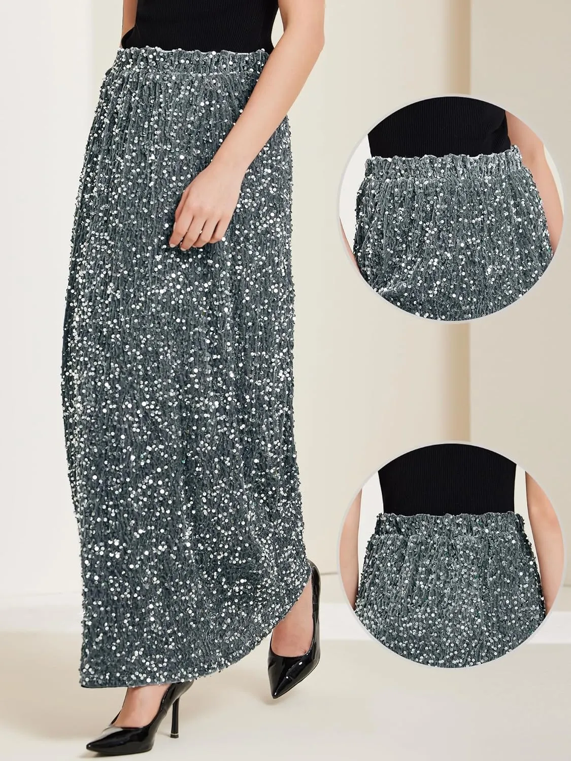 Allegra K Sequin Velvet Skirt for Women's Elastic Waist Sparkle Party Maxi Skirt