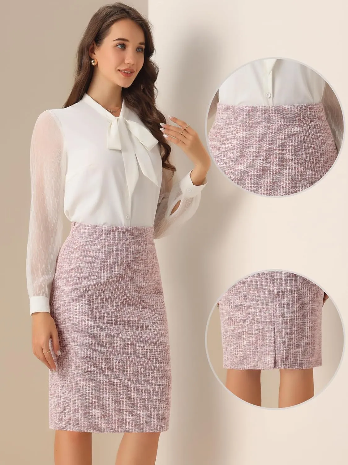 Allegra K Tweed Skirt for Women's Office Work High Waist Split Bodycon Plaid Pencil Skirts