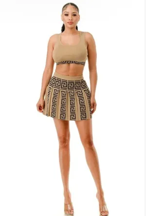 Always A Moment Khaki Maze Printed  2-Piece Knit Tank Bra Top & Pleated Skirt Set