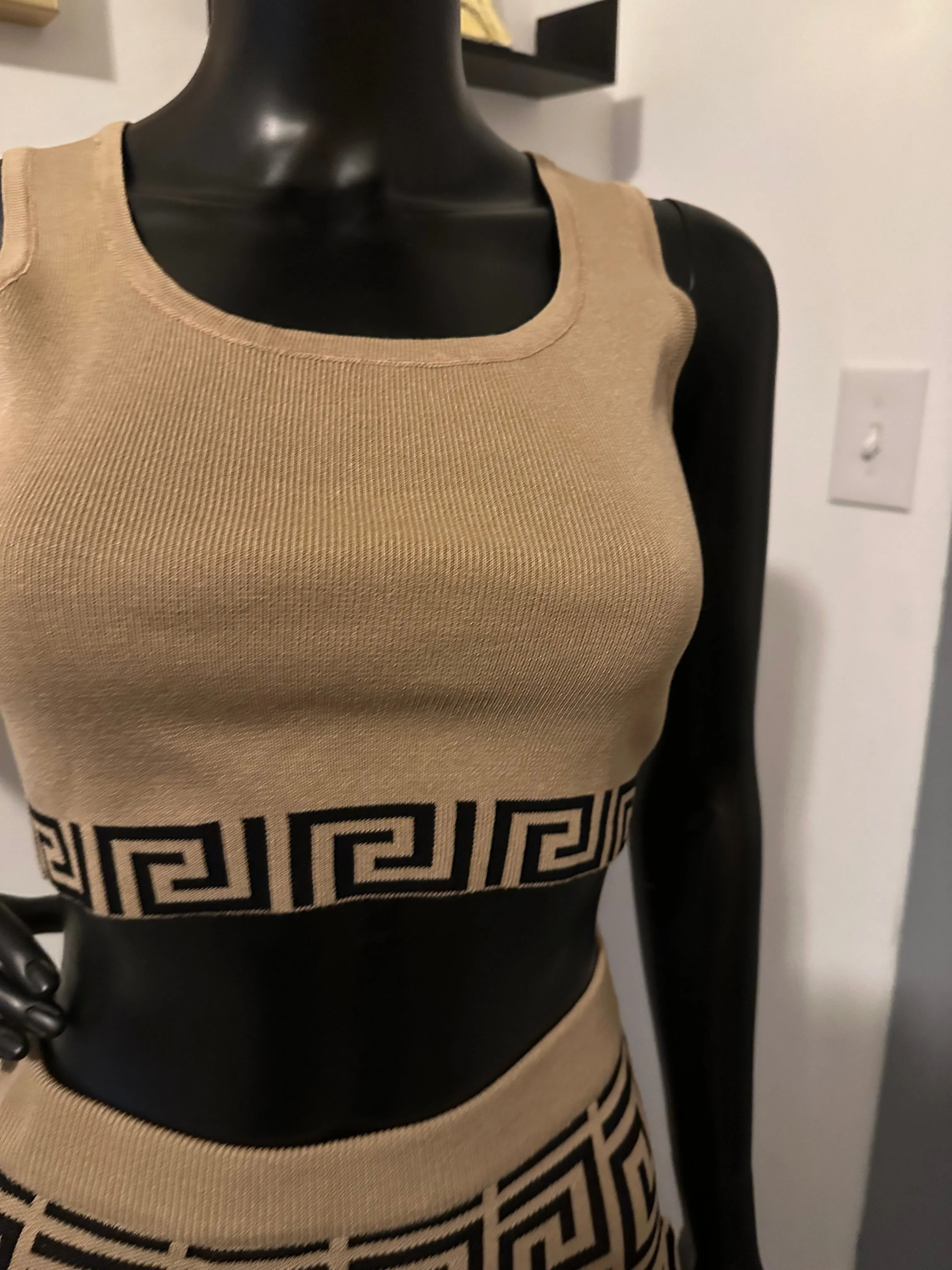 Always A Moment Khaki Maze Printed  2-Piece Knit Tank Bra Top & Pleated Skirt Set