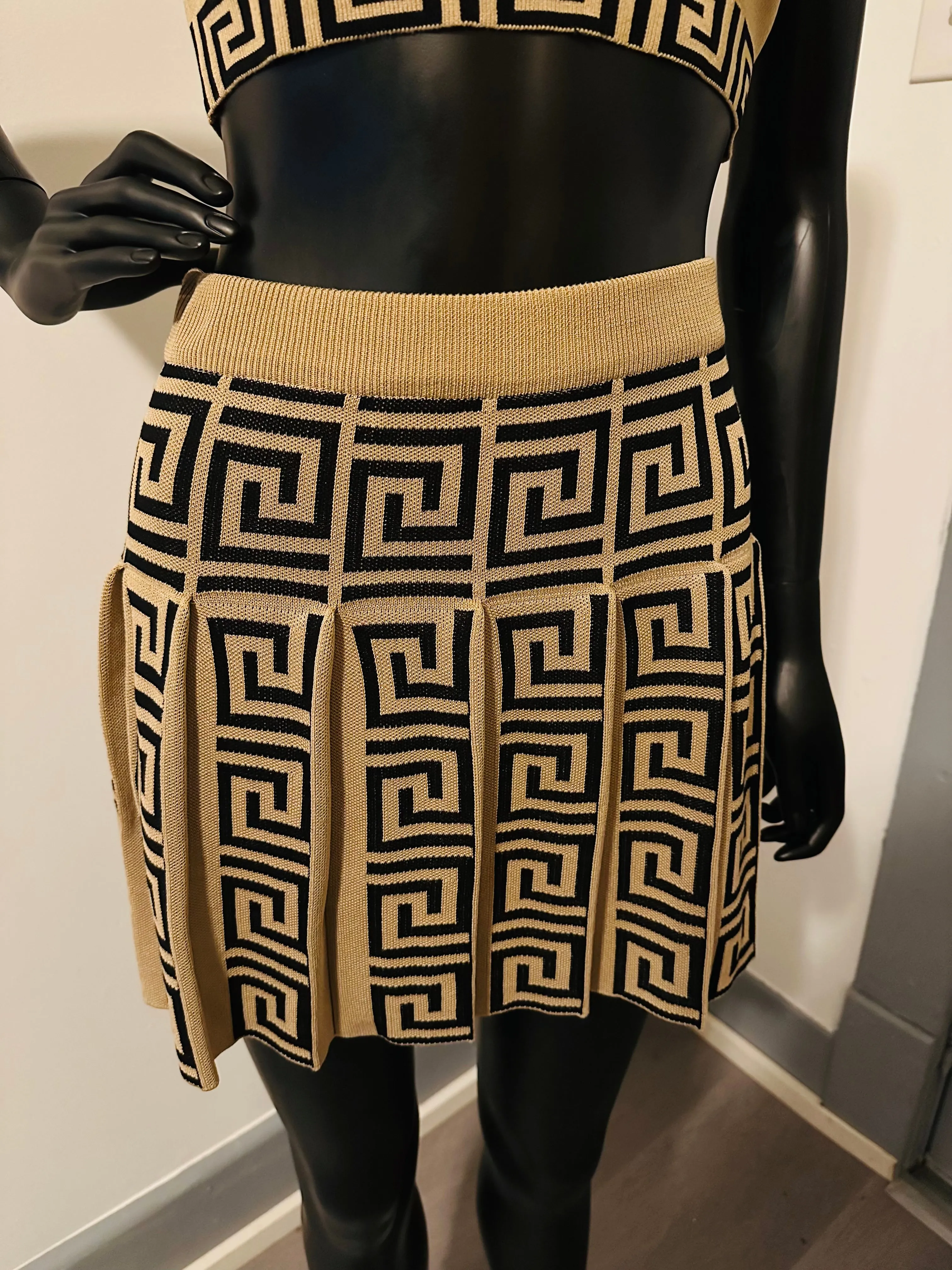 Always A Moment Khaki Maze Printed  2-Piece Knit Tank Bra Top & Pleated Skirt Set