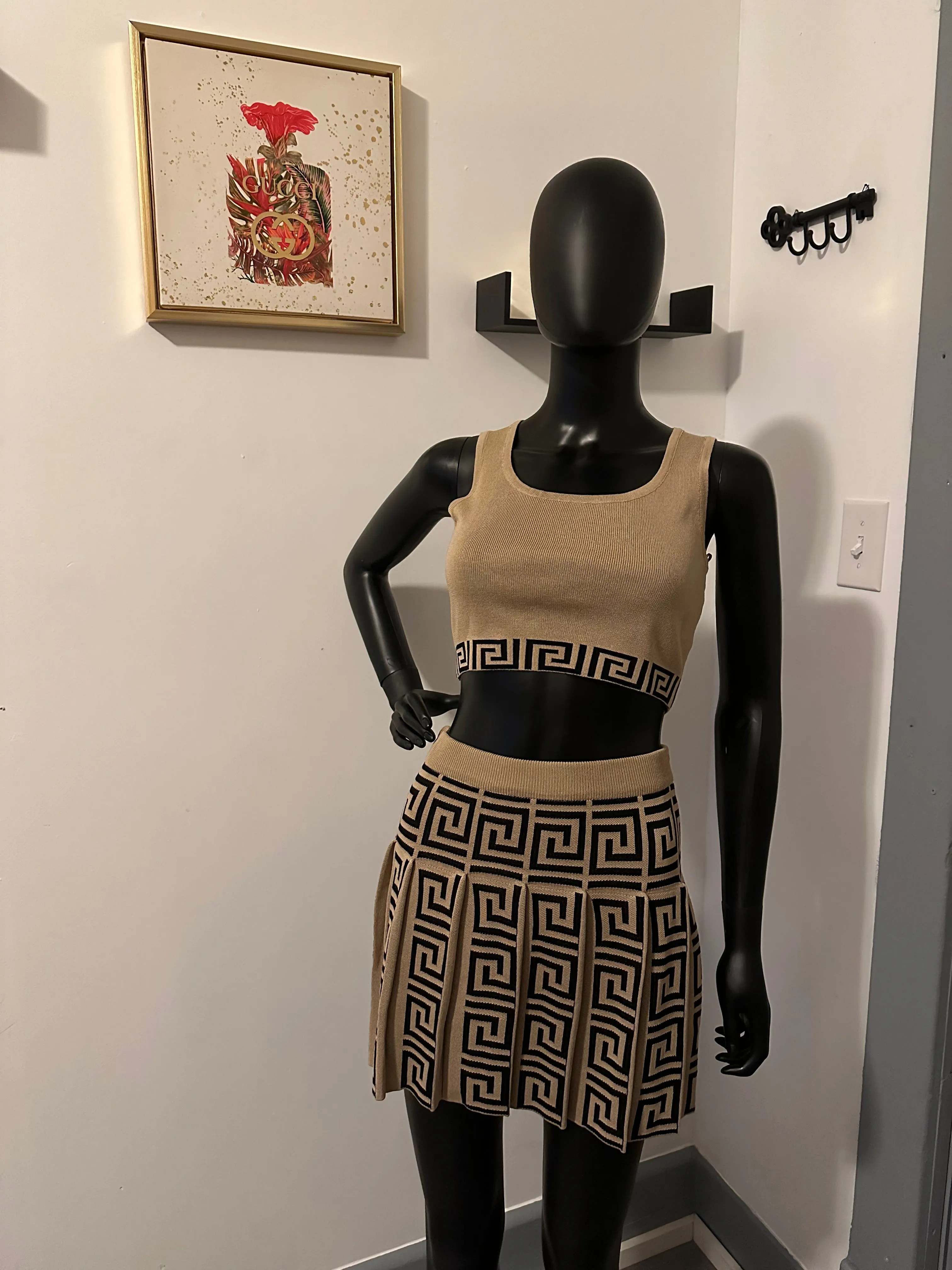 Always A Moment Khaki Maze Printed  2-Piece Knit Tank Bra Top & Pleated Skirt Set